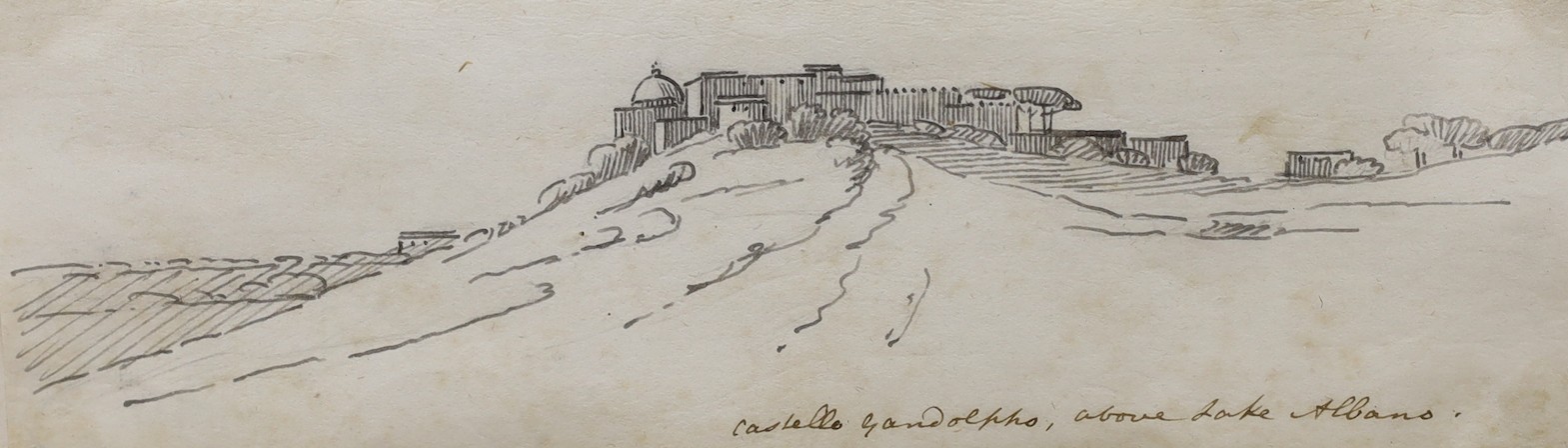 Thomas Smith (fl. 1780-1822), pen and ink, 'Castello Gandolpho, above Lake Albano', titled, inscribed in pencil verso, 8.5 x 27cm